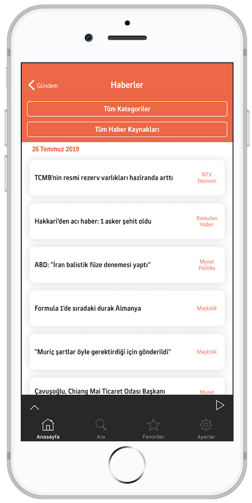 Haberler liste ekranı